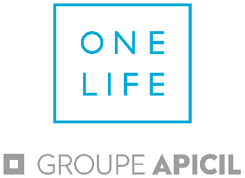 Logo van One Life en Groupe Apicil met een blauwe vierkante rand en de tekst in witte en grijze letters.