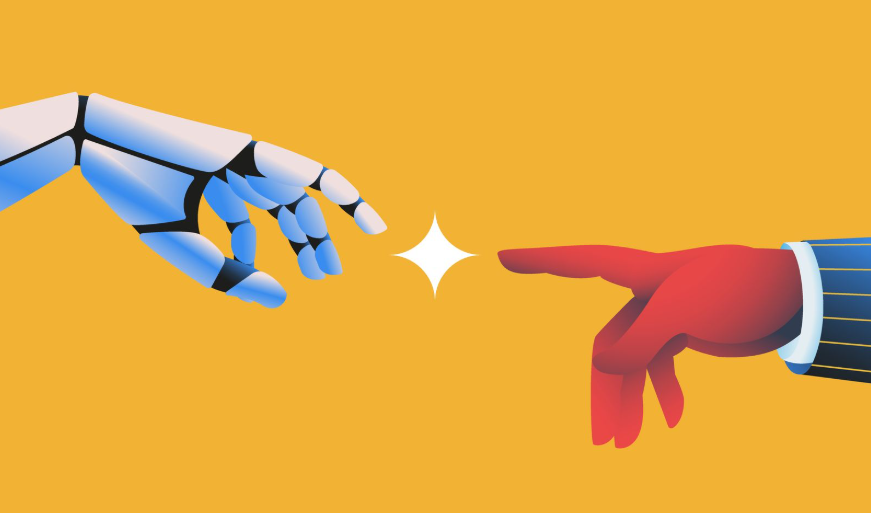 Een robotachtige hand raakt een menselijke hand aan, met een stralend effect tussen hen op een gele achtergrond.