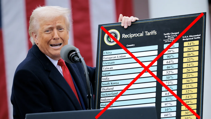 Een man met een lichte huid en blond haar spreekt aan een microfoon terwijl hij een poster met tarieven toont, met enkele landen en percentages doorgestreept, voor een Amerikaanse vlag.