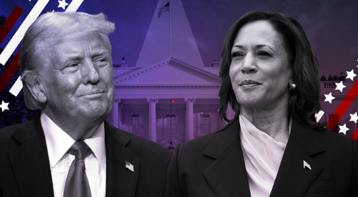 Twee politici, een man en een vrouw, weergegeven voor het Witte Huis, met een paarse achtergrond en grafische elementen van de Amerikaanse vlag.