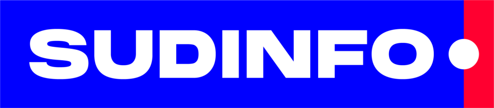Logo van Sudinfo op een blauwe achtergrond.