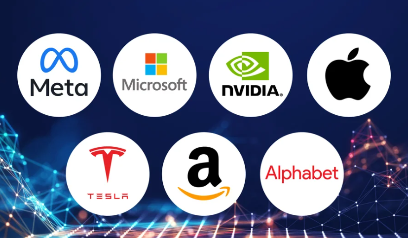 Logo's van technologiebedrijven Meta, Microsoft, NVIDIA, Apple, Tesla, Amazon en Alphabet op een digitale achtergrond.