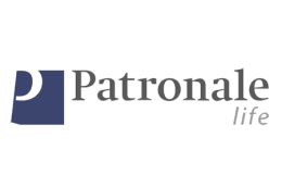 Logo van Patronele Life met de tekst "Patronale life" naast een blauw symbool.