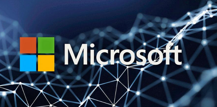 Logo van Microsoft met een kleurrijk vierkant en een netwerkachtige achtergrond.