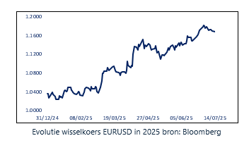 Lijndiagram van de evolutie van de wisselkoers EUR/USD in 2025, met data van 31 december 2014 tot 14 juli 2015.