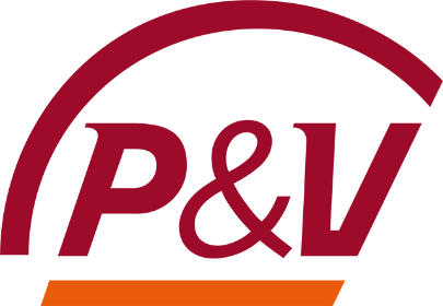 Logo van P&V met een rode boog boven de tekst en een oranje lijn onderaan.